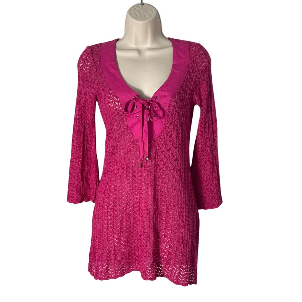 Calzedonia Cobey Crochet Short 3/4 Sleeve Pink Fuchsia Cover‎ Up Dress Size S